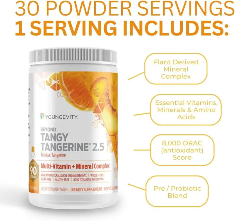Youngevity Beyond Tangy Tangerine 2.5 Powder, Tropical Tangerine Flavor, Ultimate Multi-Vitamin & Mineral Complex, Gluten-Free, 8,000 ORAC