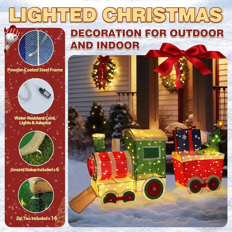 VEIKOU 5FT Outdoor Christmas Train Set with 170 LED Lights, Alloy Steel Frame, Festive Yard Decoration