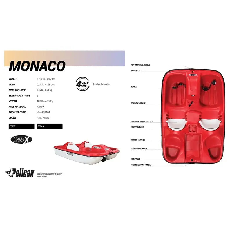 Pelican Monaco 5-Seat Pedal Boat – Adjustable Seating, Red & White Design