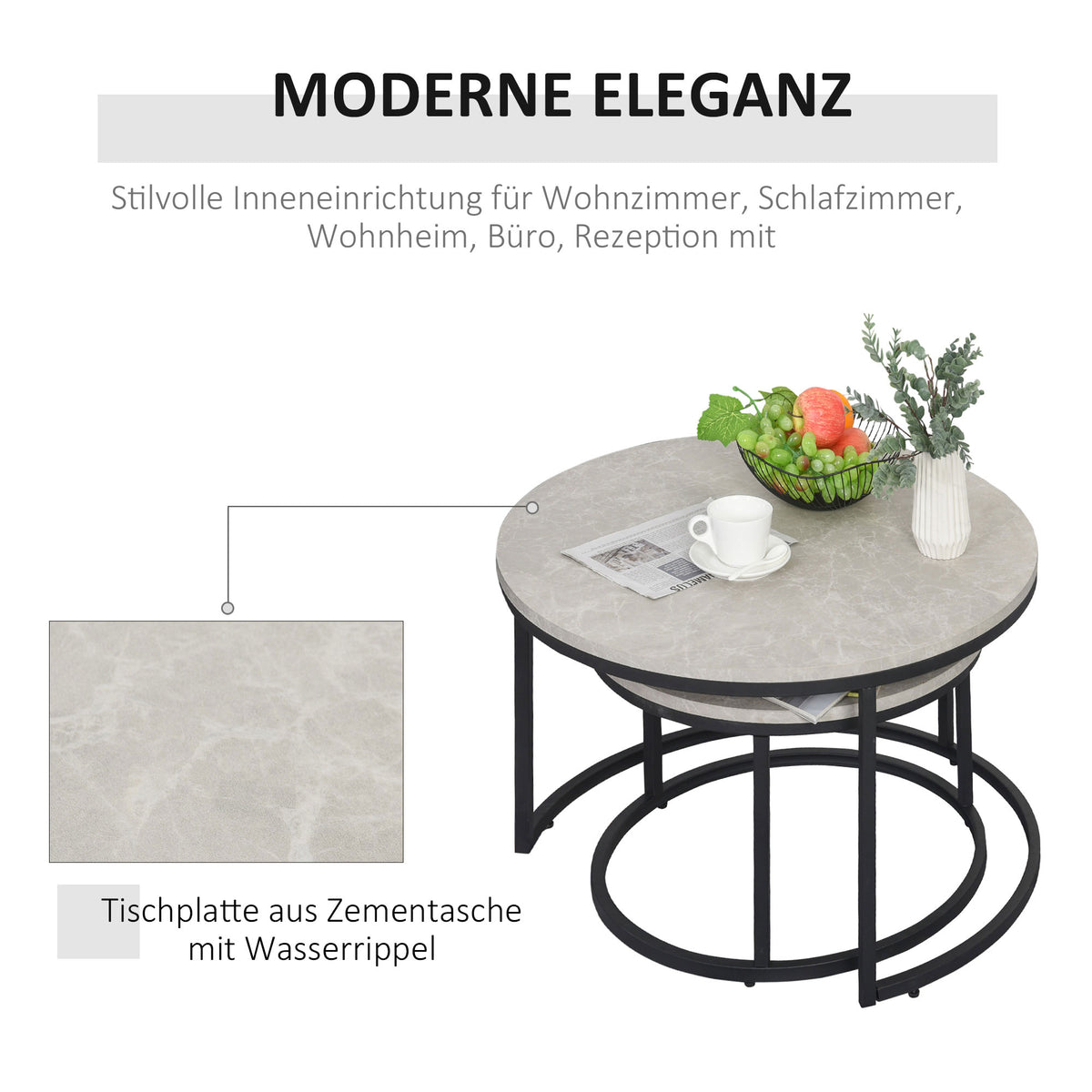 HOMCOM Couchtisch-Set, 2 runde Satztische, Industriedesign, Metallgestell, Betonoptik/Schwarz