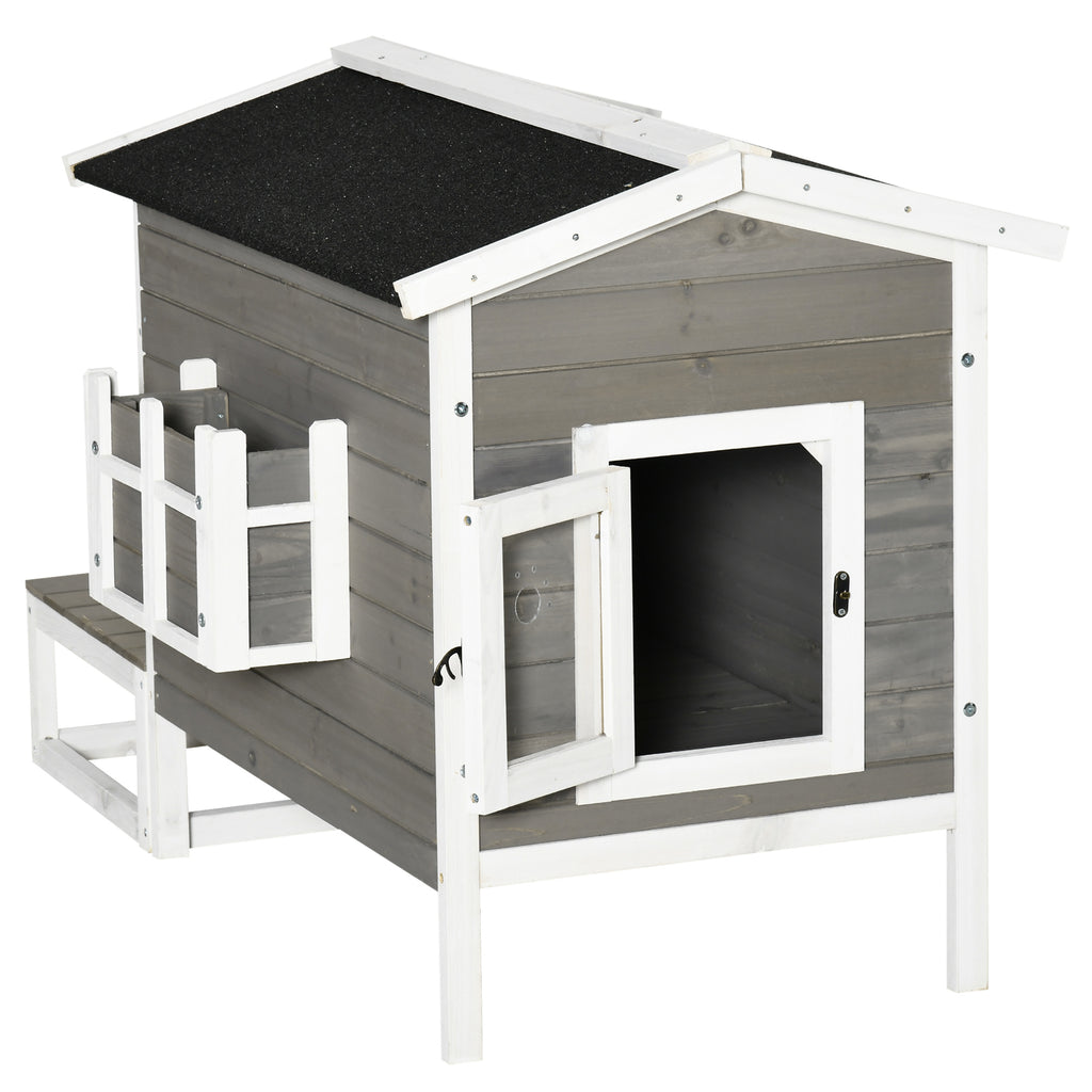 PawHut Katzenhaus aus Holz Winterfest wasserdicht Katzenhütte mit Asphaltdach  Terrasse Katzenhöhle Katzenkiste Outdoor Schutzhütte für Draußen Garten Balkon 115 x 66,5 x 74,7 cm Grau+Weiß