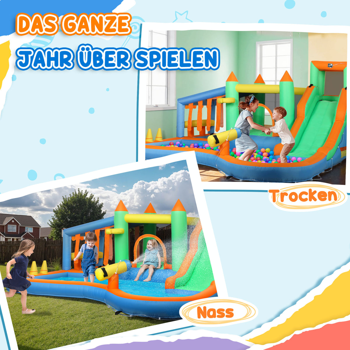 AIYAPLAY Hüpfburg für Kinder, mit Wasserrutsche, Planschbecken, Kletterwand, für drinnen und draußen, 416 x 370 x 195 cm, Bunt