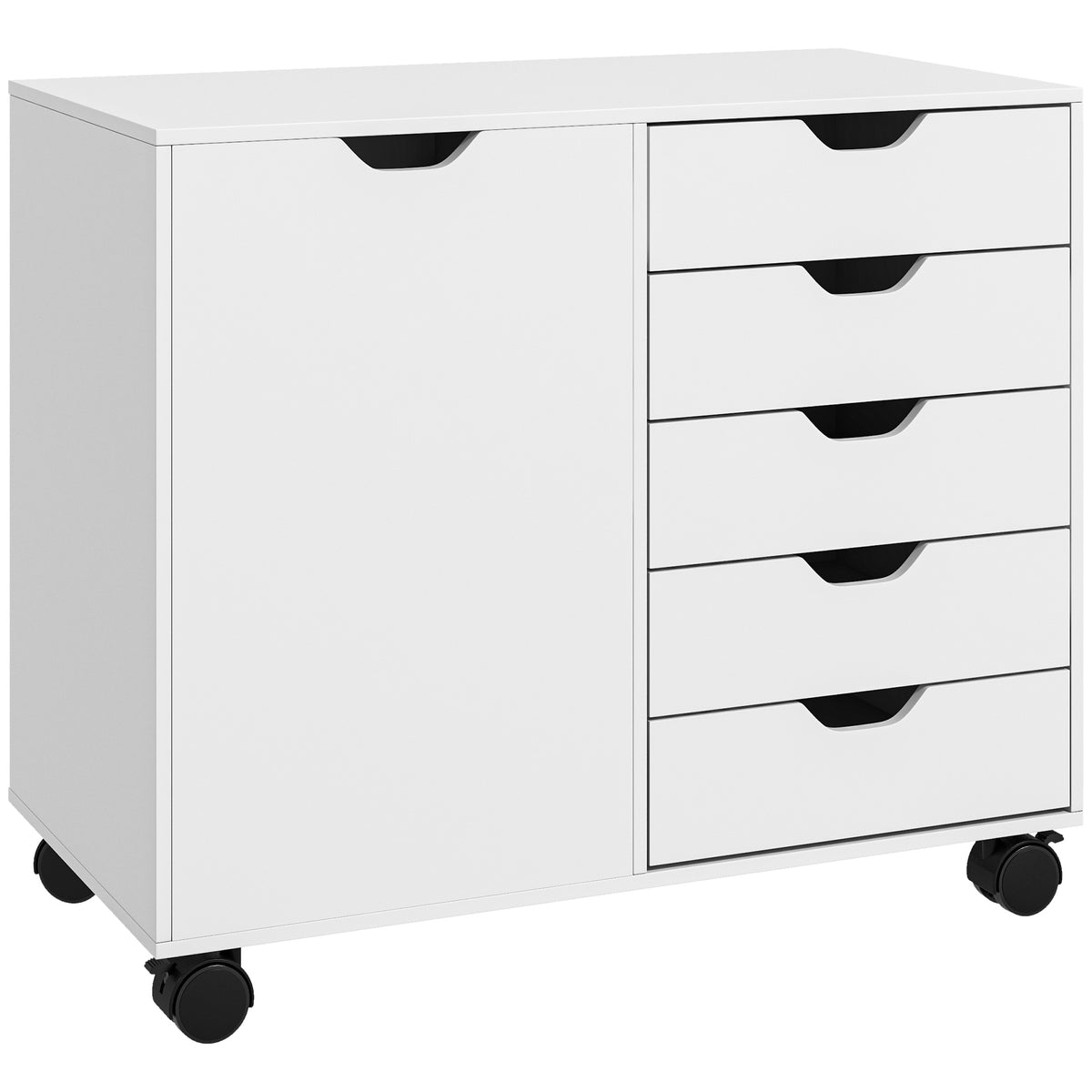 HOMCOM Büroaufbewahrungsmöbel 5 Schubladen 1 Tür verstellbares Regal, Druckerständer auf Rollen, 78x40x66,5 cm, weiß
