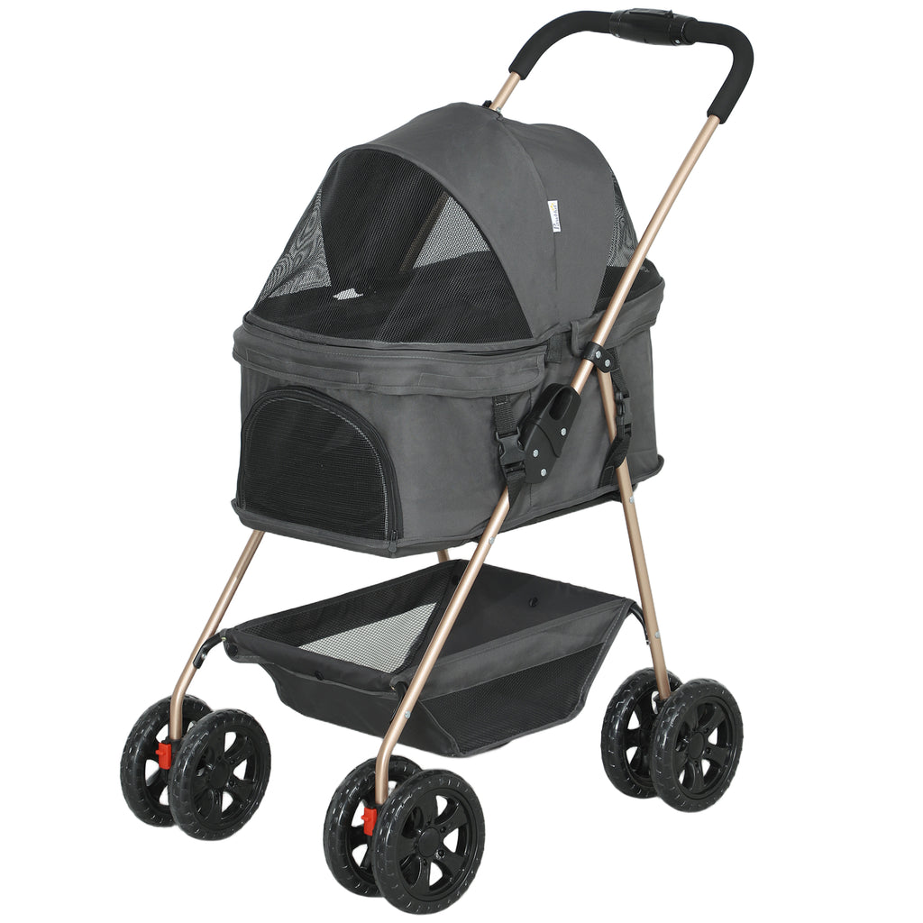 PawHut 3-in-1-Haustierkinderwagen, zusammenklappbarer Hundewagen mit 4 Rädern und abnehmbarer Trage für Hunde und Katzen, Grau