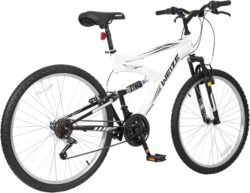 WEIZE Dual-Suspension Mountain Bike – 26″ or 27.5″ Hybrid Off-Road Bicycle for Adults, 18-Speed Shimano Drivetrain, Steel Frame, Adjustable Ergonomic Saddle