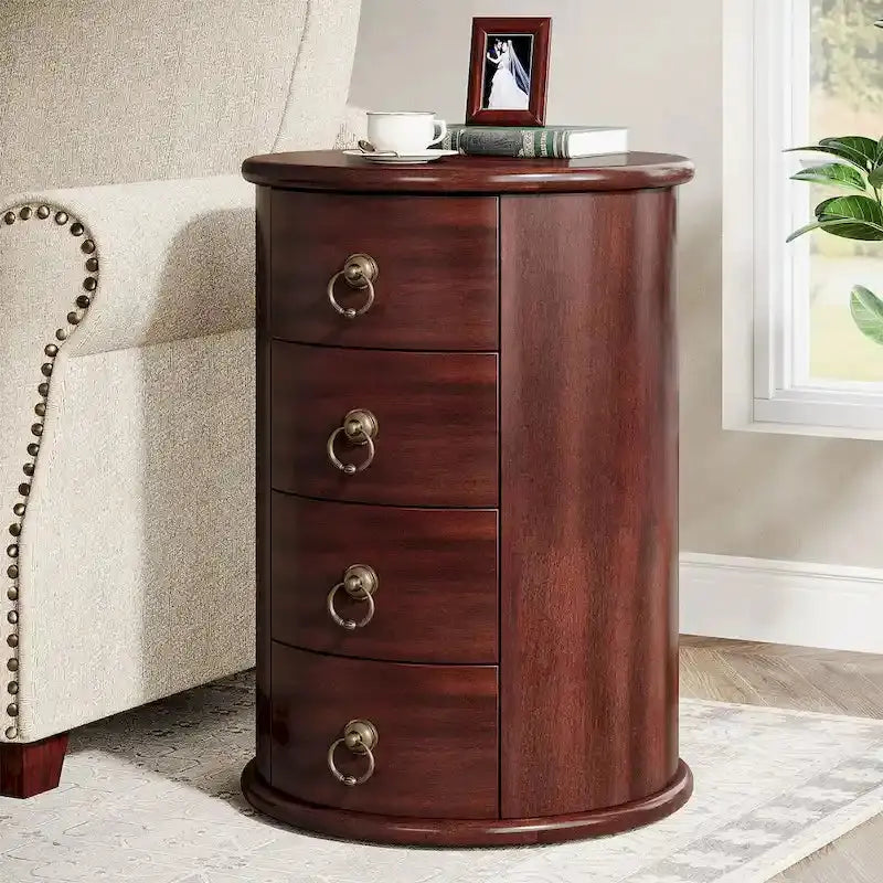 No-Assembly Vintage End Table – Solid Wood Round Side Table with Drawers