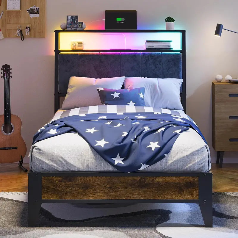 OLEVS Single Metal Platform Bed – LED-Lit Headboard with USB-C Charging Ports and Underbed Storage