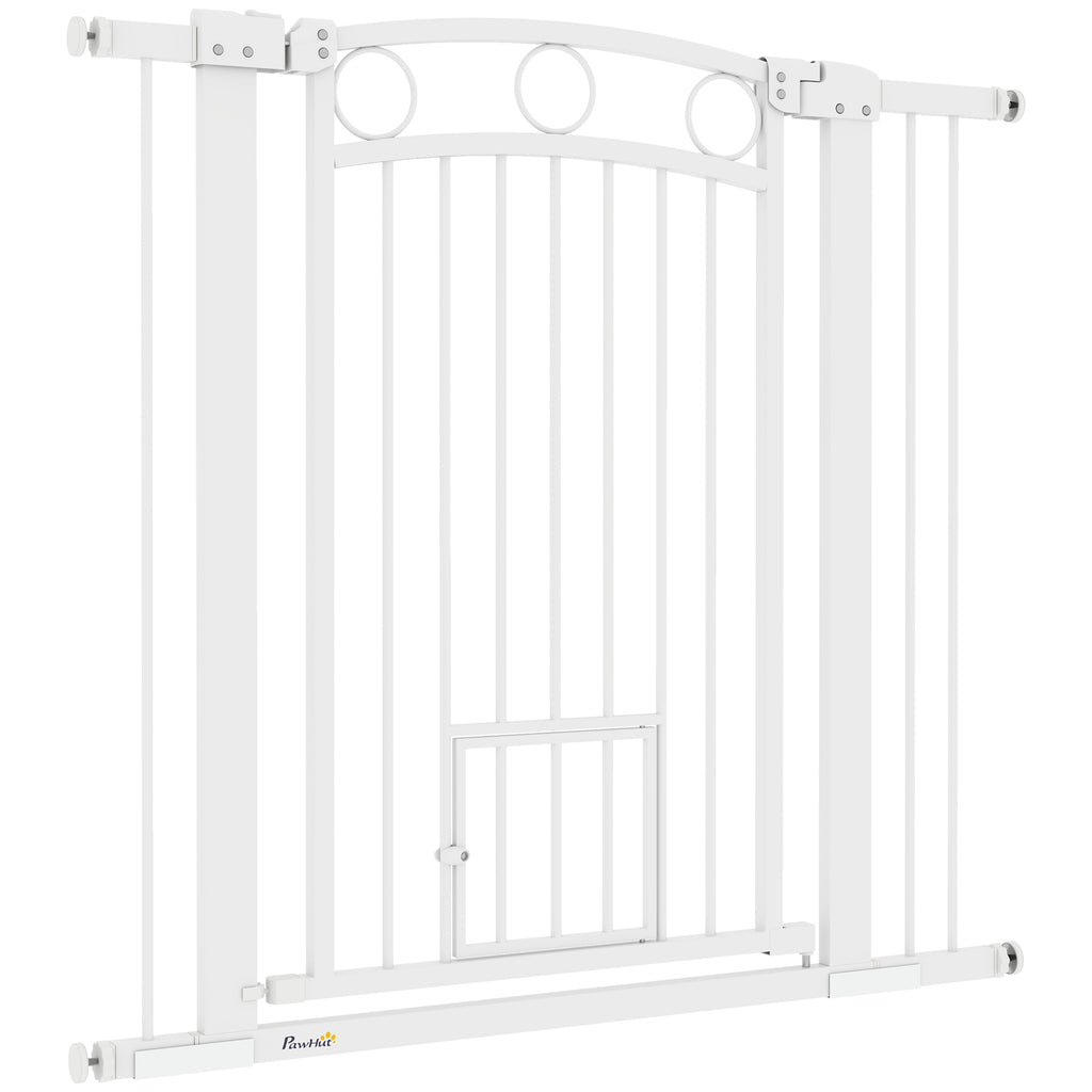 PawHut Haustiertor, 96 cm Treppengatter, verstellbare Breite 76-104 cm, mit Katzentür, für Treppen und Türöffnungen, Weiß