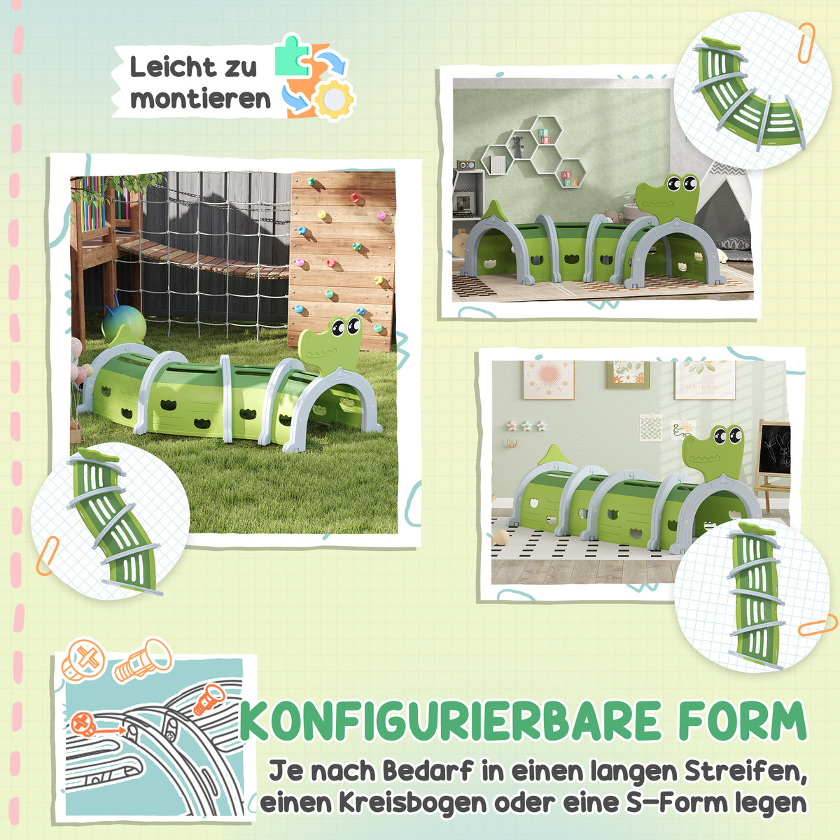 AIYAPLAY Krokodil Spieltunnel, flexible Form, robust, für Kinder 3-6 Jahre, 194 x 88 x 92 cm, Grün