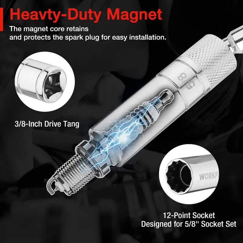 WORKPRO 5/8″ Magnetic Swivel Spark Plug Socket – 3/8″ Drive, 8″ Total Length