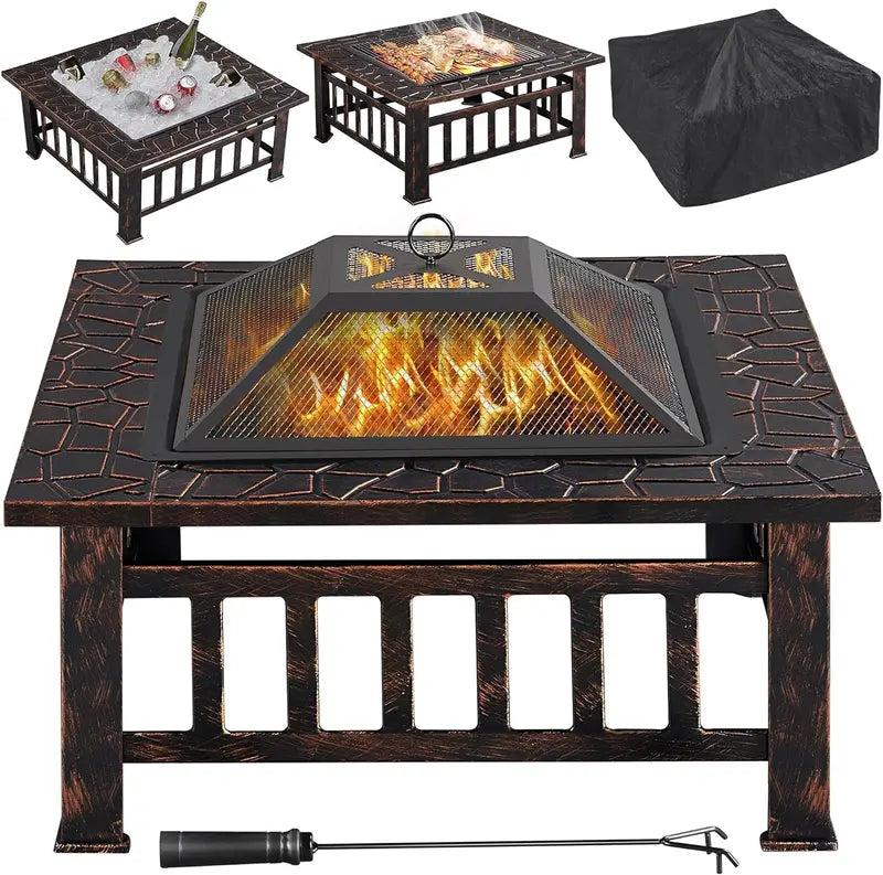 Yaheetech Square Metal Fire Pit Table – Multifunctional Outdoor Stove for Patio, Garden & Backyard