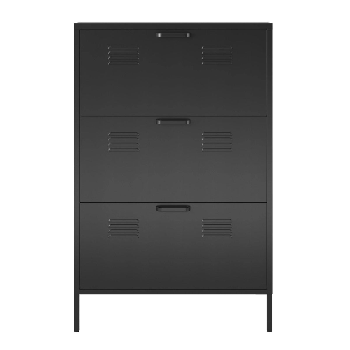 RealRooms Shadwick 3 Door Locker Style Metal Shoe Storage Cabinet, Black