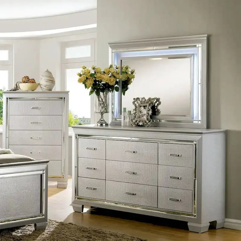 Ruff Crocodile 9-Drawer Dresser and Matching Full-Length Mirror Set – Contemporary Wood Design by Furniture of America