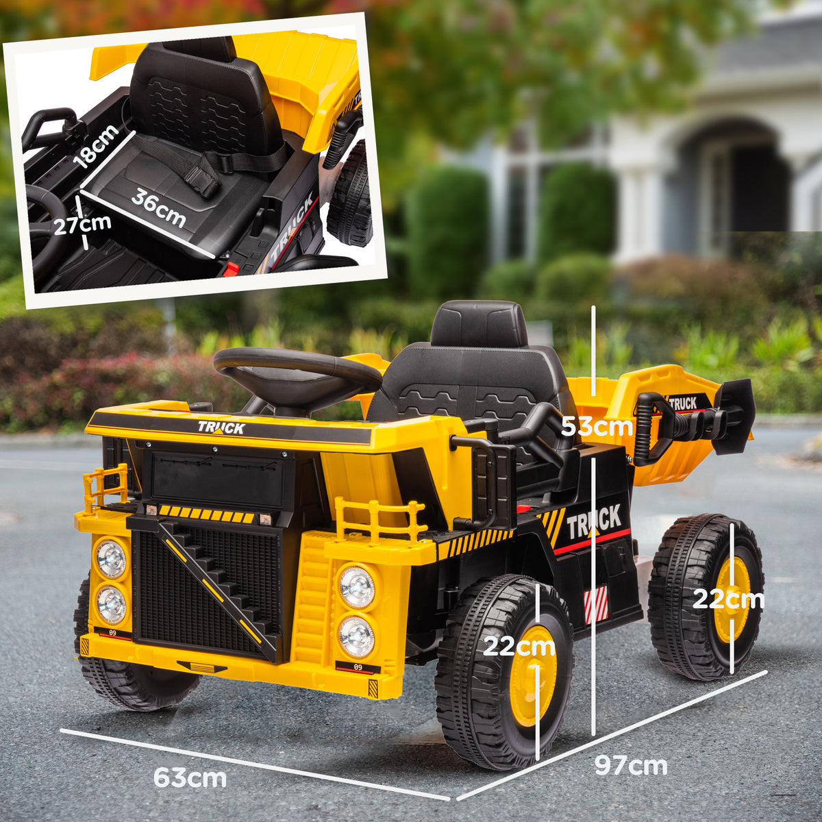 AIYAPLAY Elektro-Kipplaster, 3-6 km/h, Rutschauto, kippbare Ladefläche, Licht & Musik, für 3-5 Jahre
