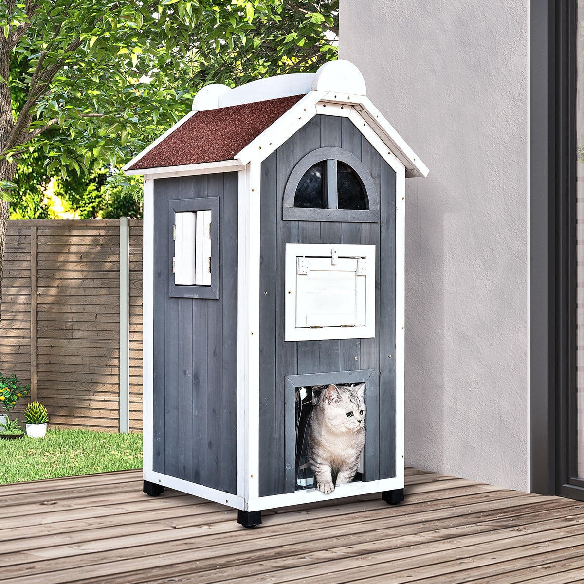 PawHut Katzenhaus für Katzenbett oder Katzentoilette, Katzenschrank, Katzenklo Indoor, Tannenholz, Asphaltdach, Grau, 59 x 55 x 109 cm