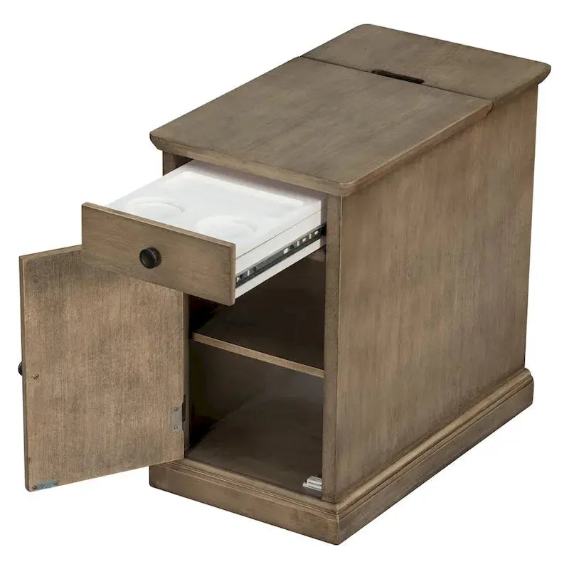 Retro-Style End Table with USB Charging Ports and Multi-Use Drawer Featuring Built-in Cup Holders