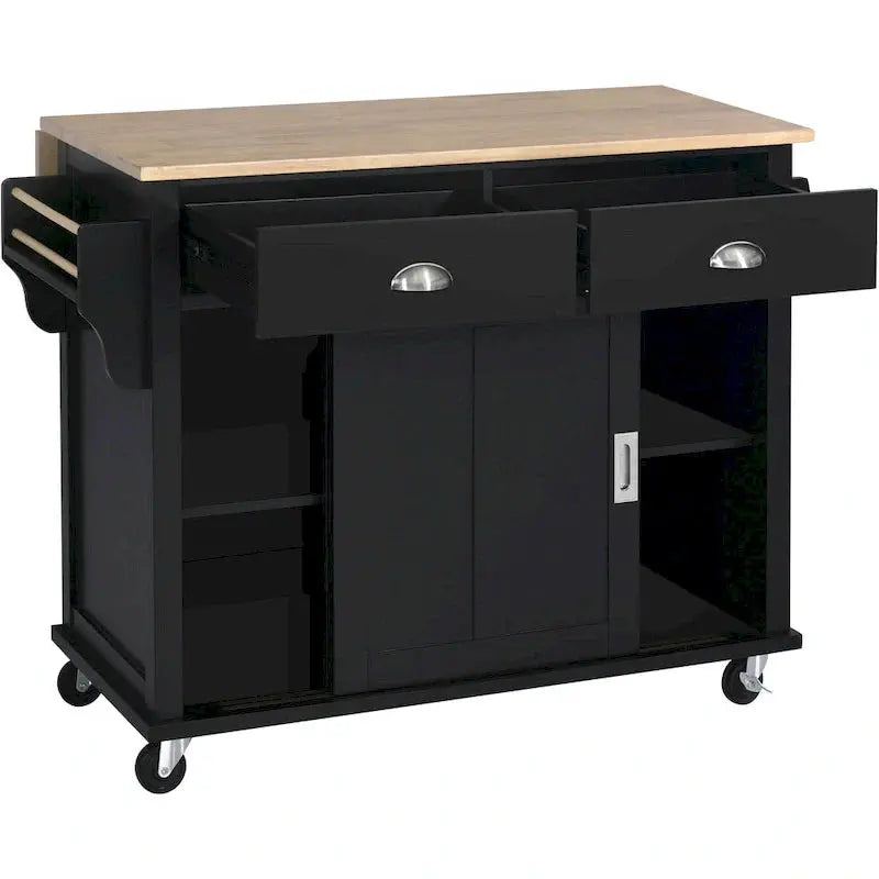 Rubberwood Kitchen Island Cart – Drop-Leaf Countertop, Concealed Barn Door Storage, and 4 Locking Casters