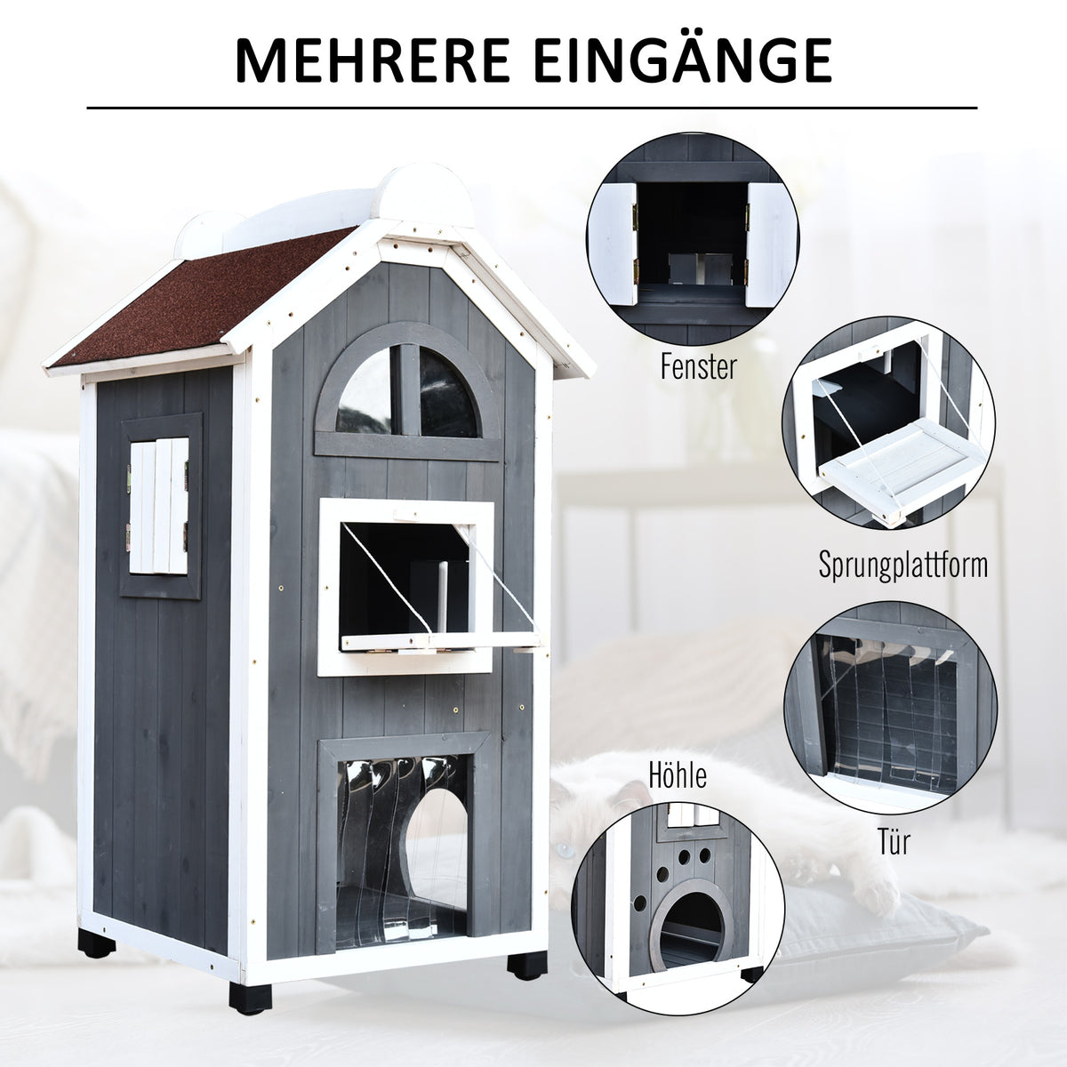 PawHut Katzenhaus für Katzenbett oder Katzentoilette, Katzenschrank, Katzenklo Indoor, Tannenholz, Asphaltdach, Grau, 59 x 55 x 109 cm