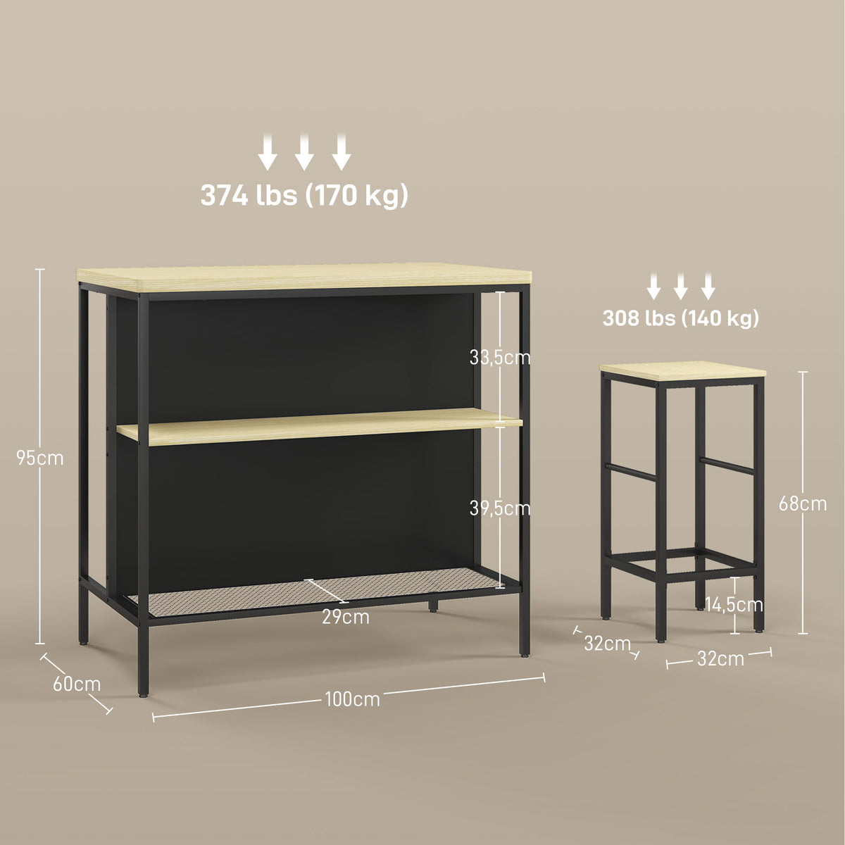 HOMCOM Bar-Set, 2 Barstühle & 1 Bartisch, fleckenresistent, stabil, Stahlrahmen, Schwarz/Eiche
