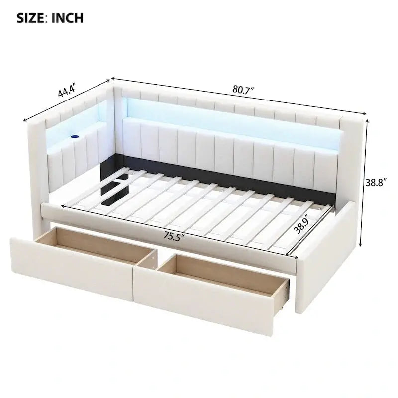 Modern Upholstered Platform Bed Frame – Full or Twin Size with Built-in USB Ports, LED Lighting, and Dual Storage Drawers