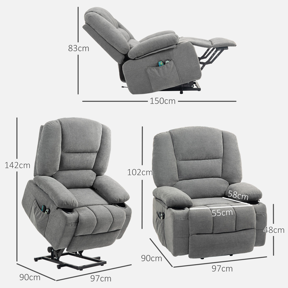 HOMCOM Elektrischer Relaxsessel mit Aufstehhilfe, Massagesessel mit Wärmefunktionen, 2 Fernbedienungen, weicher Schaumstoff
