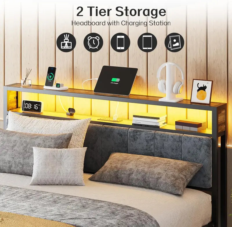 OLEVS Single Metal Platform Bed – LED-Lit Headboard with USB-C Charging Ports and Underbed Storage