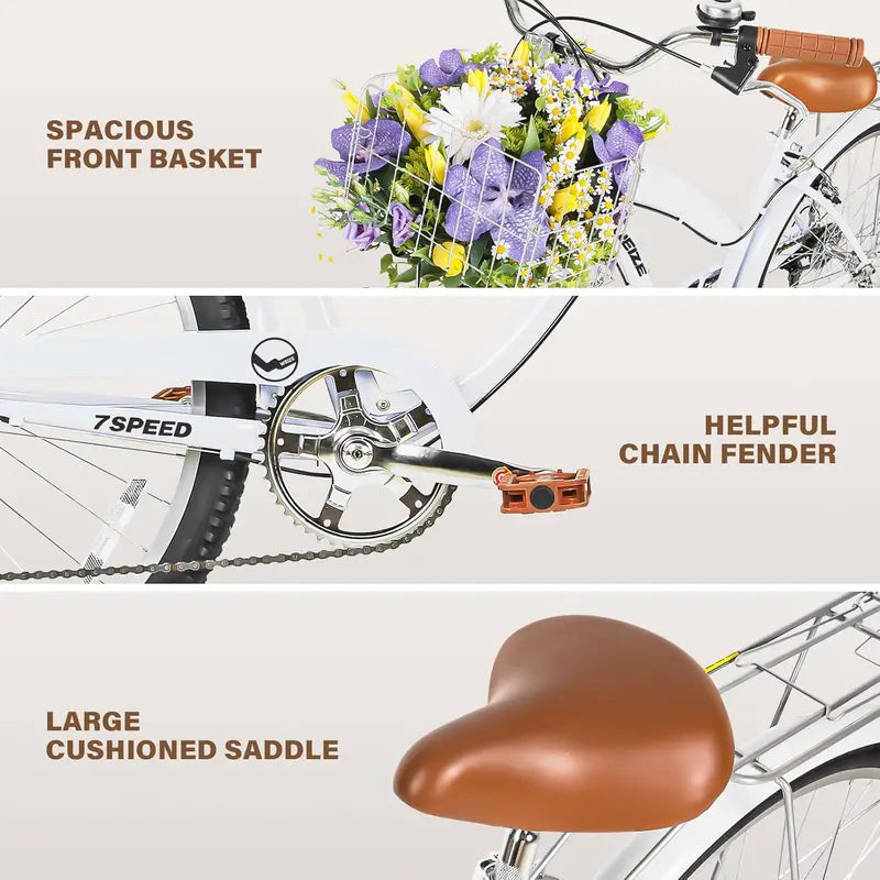 WEIZE 26″ Beach Cruiser Bike – 7-Speed Commuter Bicycle with Fenders, Rear Rack, Ergonomic Upright Frame & Comfort Saddle