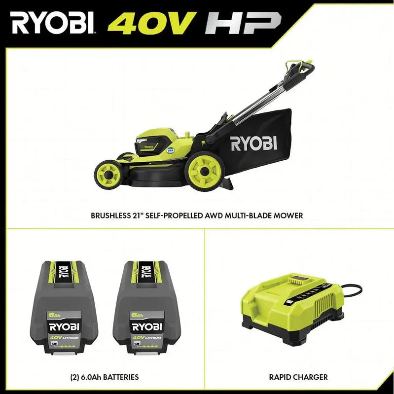 Ryobi 40V HP Self-Propelled AWD Lawn Mower – 21-Inch Whisper Series Cordless Mower with Two 6.0Ah Batteries & Charger