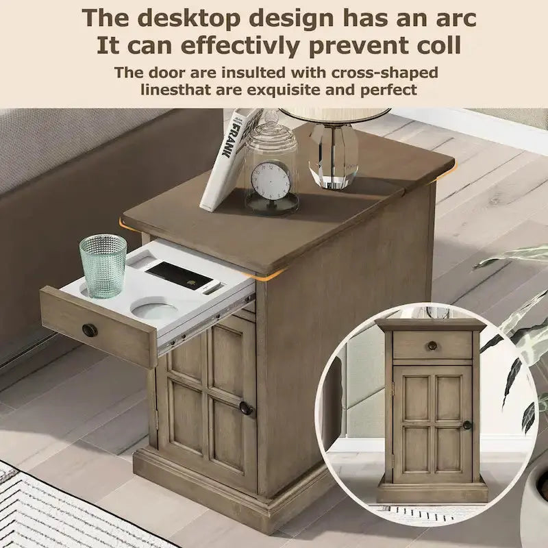 Retro-Style End Table with USB Charging Ports and Multi-Use Drawer Featuring Built-in Cup Holders