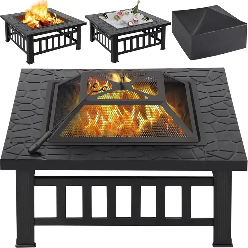 Yaheetech Square Metal Fire Pit Table – Multifunctional Outdoor Stove for Patio, Garden & Backyard