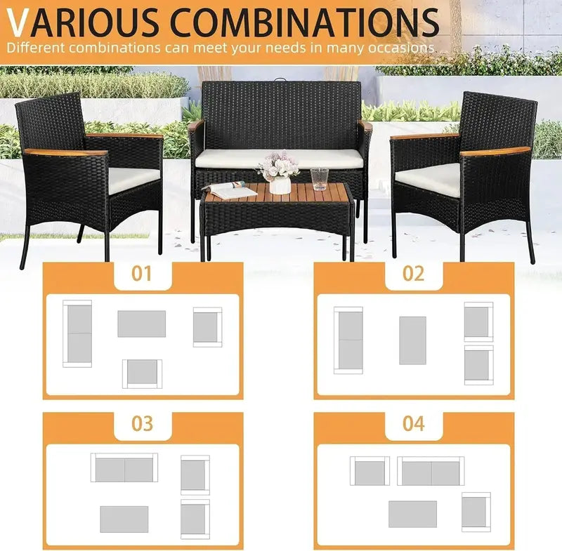 Shintenchi Wicker Patio Conversation Set — 4-Piece Outdoor Furniture Ensemble with All-Weather Cushions