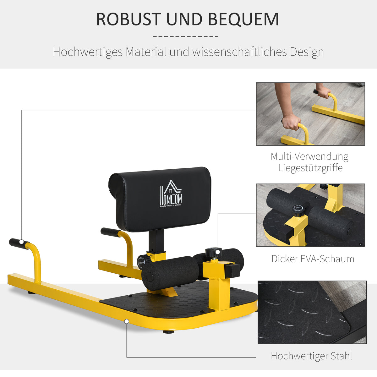 HOMCOM Sissy Squat Kniebeugentrainer Beintrainer Bauch-Gesäß-Trainer 3 in 1 Trainer verstellbar bis 120 kg Stahl Gelb+Schwarz 50 x 97 x (44,5–56,5) cm