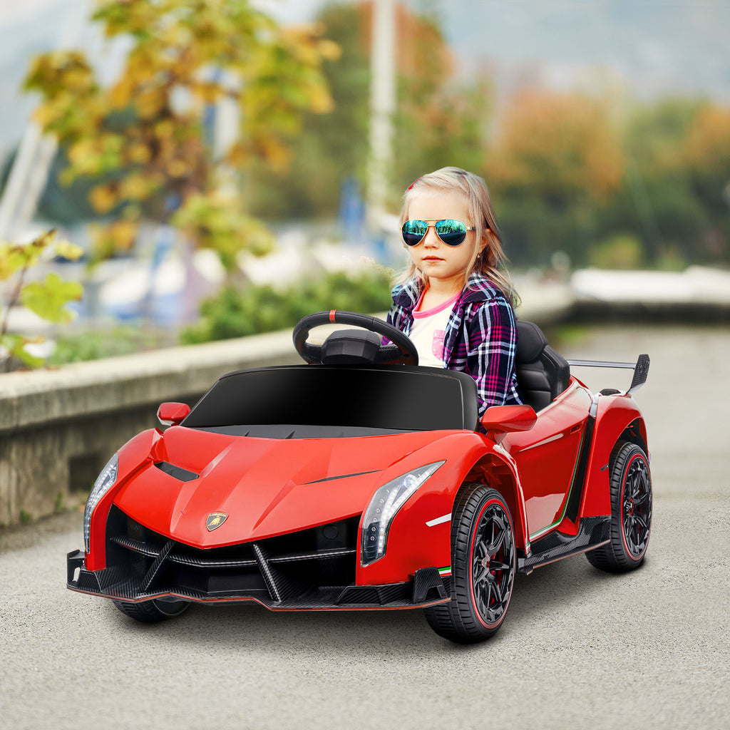 HOMCOM Elektroauto Lamborghini Veneno 12V Lizenz für Kinder mit Flügeltüren Fernbedienung Musik Rot