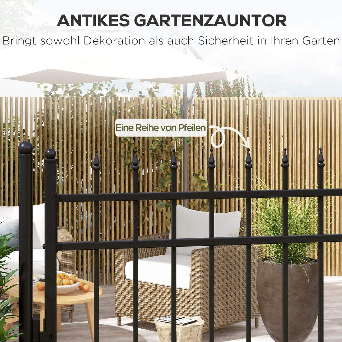 Outsunny Gartentor, Schloss und Schlüssel, dekorative Spitzen, rostfreier Stahl, 107x204cm, Schwarz