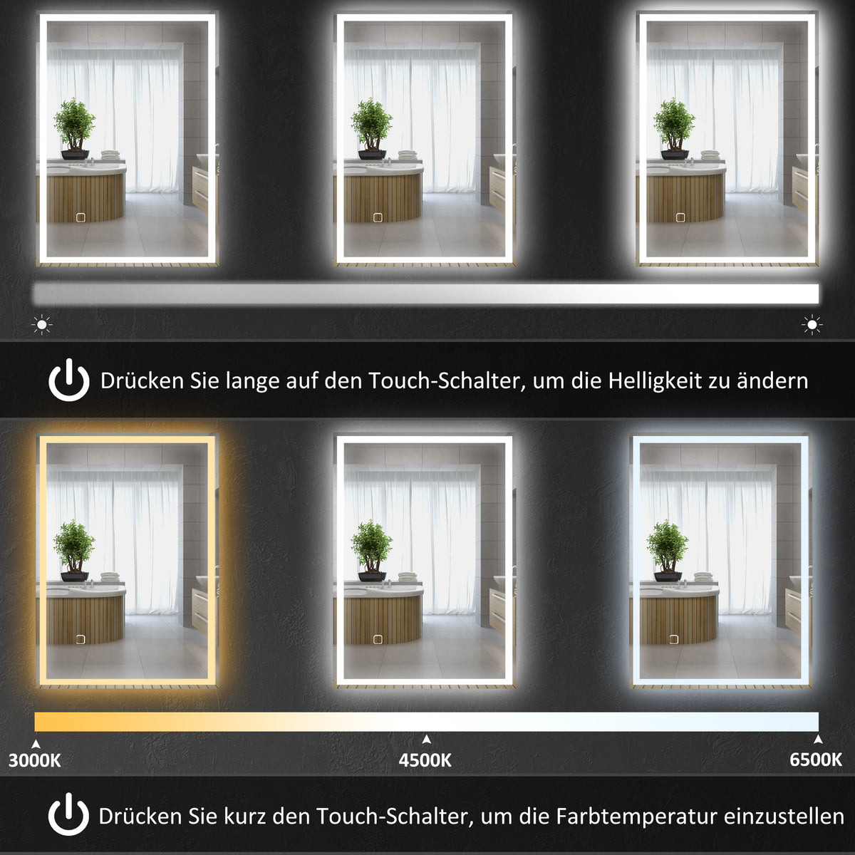 HOMCOM Badspiegel Badezimmerspiegel Wandspiegel LED´s. Berührungsschalter, Weiß