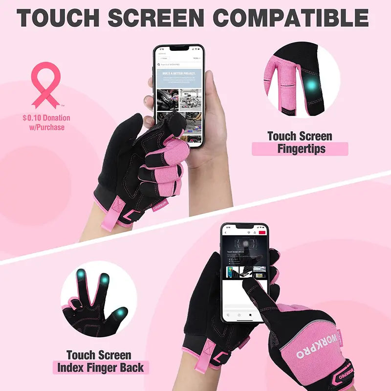 WORKPRO Touchscreen Safety Work Gloves – Terry-Lined, Non-Slip Pink Gloves (M/L)
