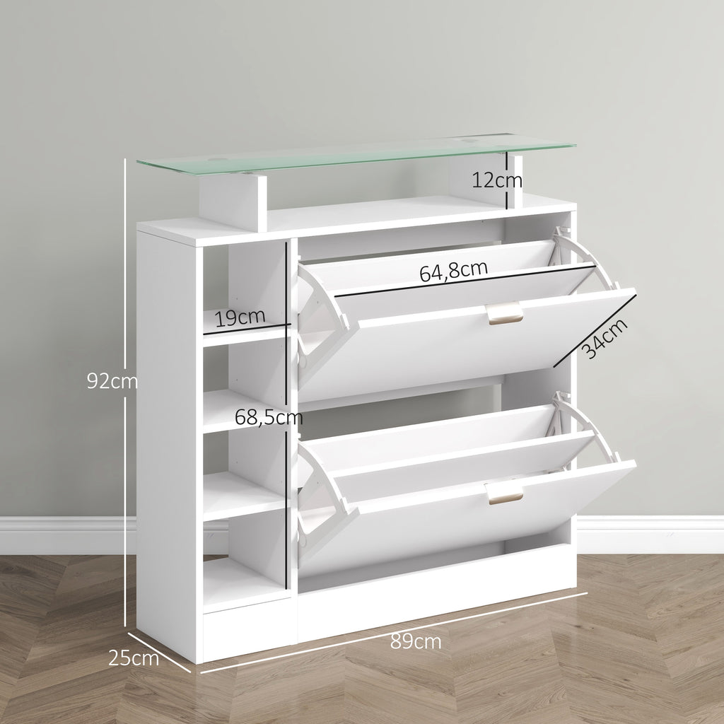 HOMCOM Schuhschrank mit 2 kippbaren Schubladen für 12 Paare, Glasplatte und verstellbare Regale, 89 x 25 x 92 cm, weiß
