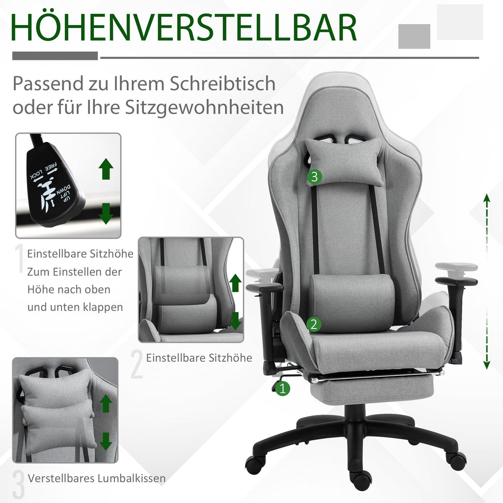 Vinsetto Bürostuhl Computerstuhl Drehstuhl mit abnehmbarem Kopf- und Lendenkissen Wippenfunktion ergonomischer Schreibtischstuhl drehbar höhenverstellbar mit Fußstütze PP Grau 73x57x127-135 cm