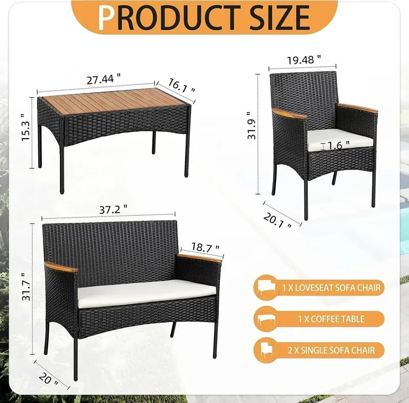 Shintenchi Wicker Patio Conversation Set — 4-Piece Outdoor Furniture Ensemble with All-Weather Cushions