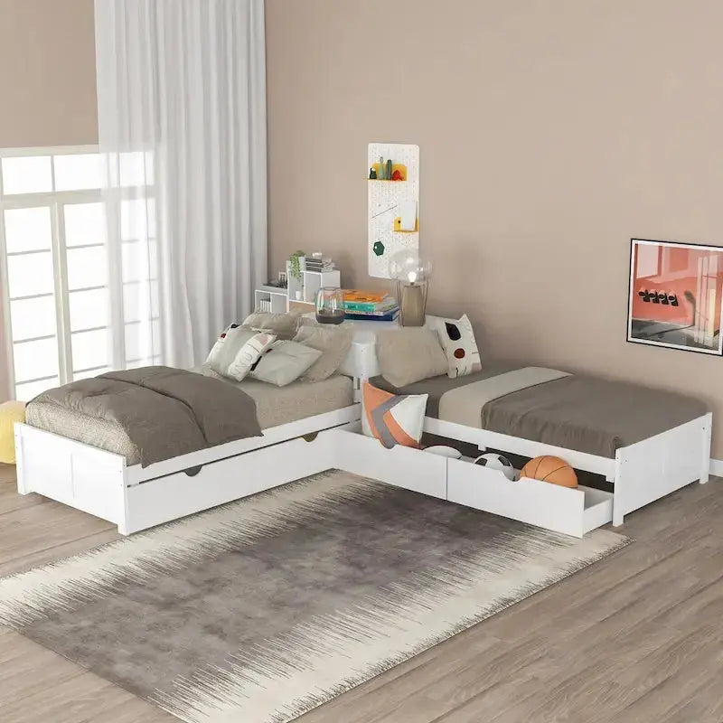 Modern Twin L-Shaped Platform Bed – Includes Trundle, Drawers & Space-Saving Design
