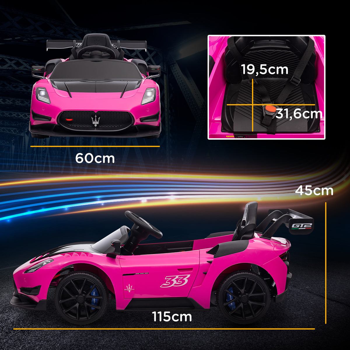 AIYAPLAY Kinder Elektroauto ab +3 Jahren Maserati GT2 mit Fernbedienung LED-Scheinwerfer Hupe Musik Hilfsräder Rosa