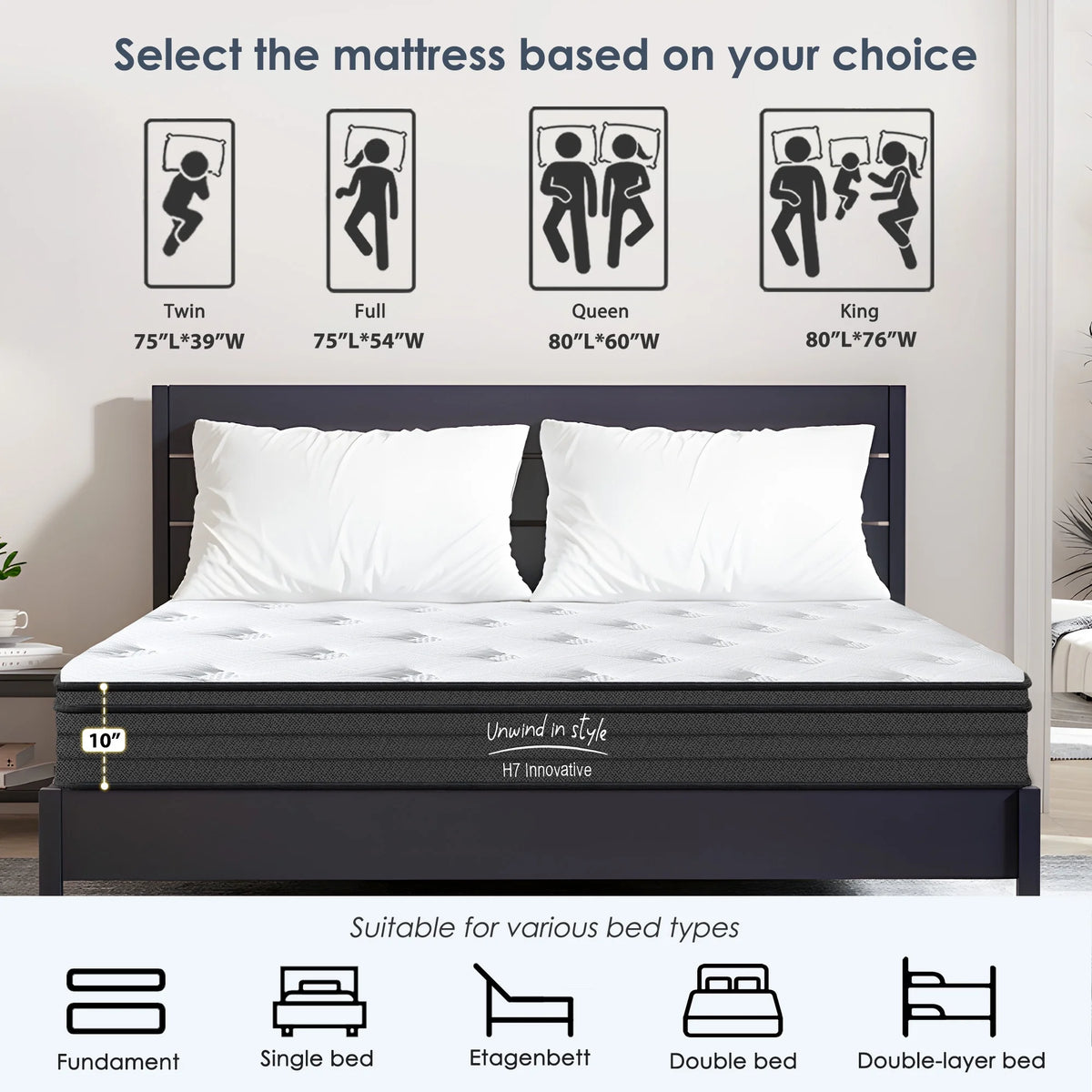 SOGES Adult 10 in King Hybrid Mattress Memory Foam Mattress Medium Firm Pocket Spring Bed Mattress