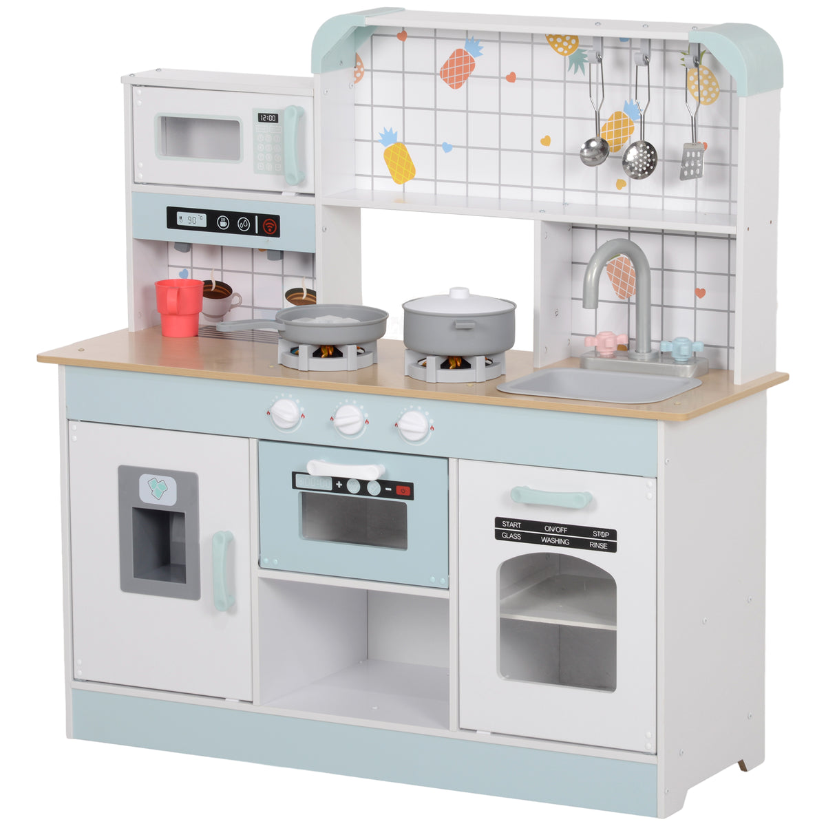 AIYAPLAY Spielküchen-Set, Kinderküche mit Effekten, Kaffeemaschine, Ofen, viel Stauraum, MDF, Edelstahl, für Kinder ab 3 Jahren