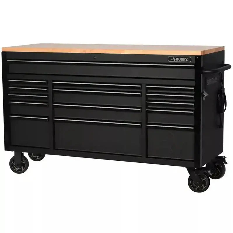 Premium 61″ Workshop Workbench – Heavy-Duty 15-Drawer Mobile Unit Featuring Solid Wood Worktop