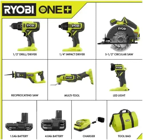 RYOBI ONE+ 18V Cordless 6-Tool Combo Kit – Complete Starter Set for DIY and Professional Use