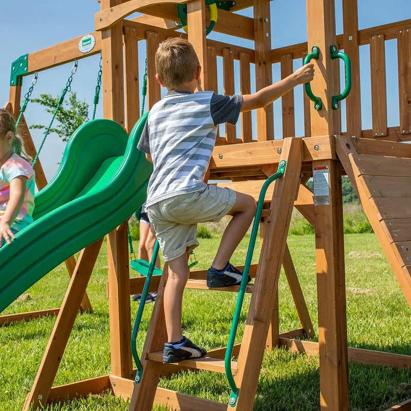 Wooden Mountain-Themed Swing Set – Includes Canopy Shade, Wave Slide, Rope & Net Swings, Rock Wall, Ladders & Steering Wheel