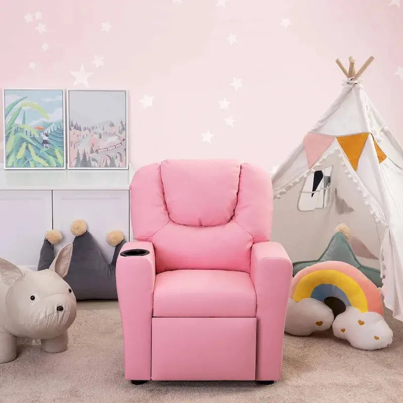 PVC Kids Recliner with Push-Back Mechanism, Cup Holder, and Adjustable Footrest