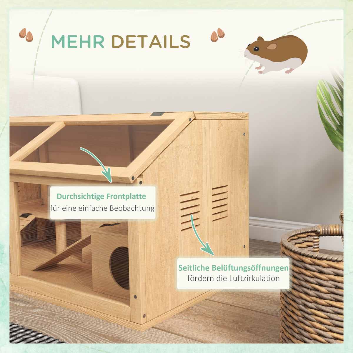 PawHut Hamsterkäfig für syrische Hamster und Zwerghamster, mit Plattform, Hängebrücke, Hütte, 85x45x44 cm