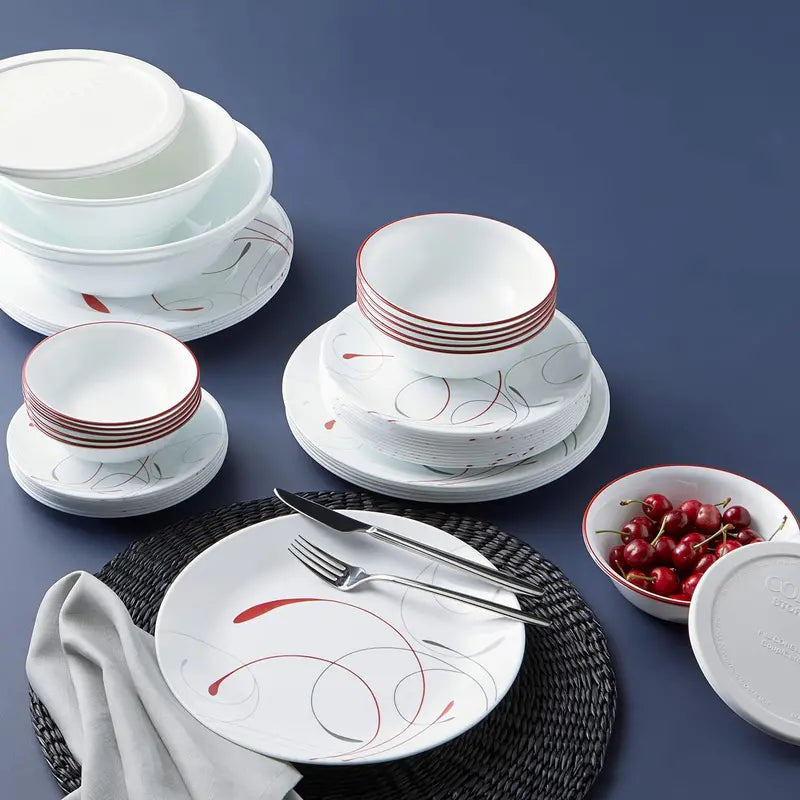 Vitrelle 78-Piece Chip-Resistant Triple Layer Glass Dinnerware Set for 12, Lightweight Round Plates & Bowls, Splendor