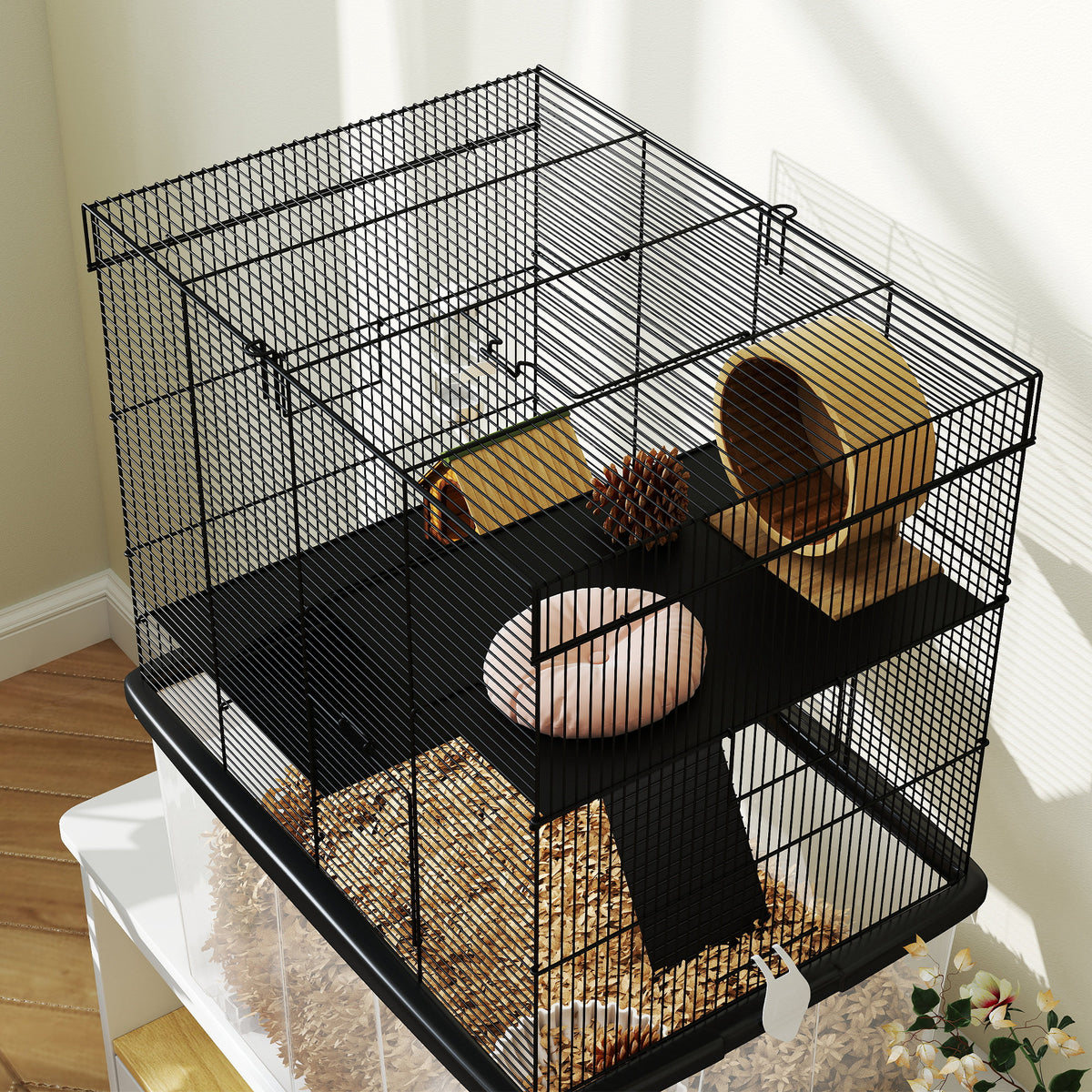 PawHut Hamsterkäfig 3 Etagen mit Rädern, 2 Plattformen, Rampen, Napf und Trinkflasche, 58x43x74 cm, Schwarz